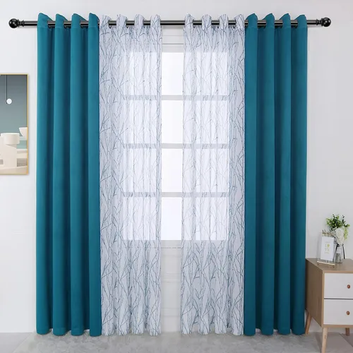 Vista 16 de BONZER Cortinas para Mezclar y Combinar - 2 Piezas de Cortinas Transparentes con Estampado de Ramas y 2 Piezas de Cortinas Opacas para Dormitorio