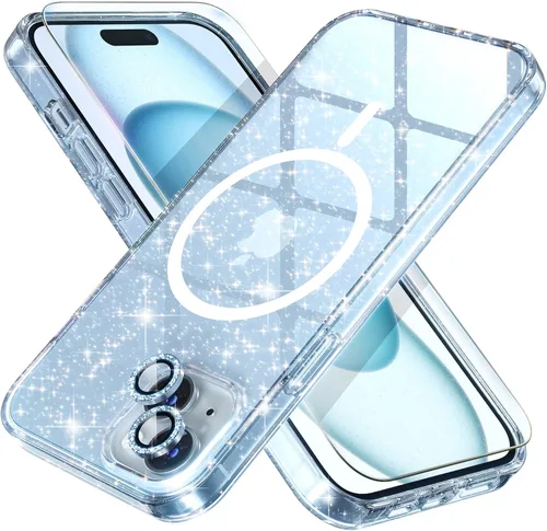 Vista 53 de Choiche Funda magnética para iPhone 15 Pro Max, funda transparente con purpurina brillante para mujer