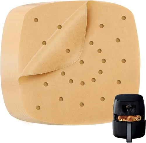 Katbite 200 piezas de 6.5 pulgadas, revestimientos cuadrados sin blanquear, papel pergamino perforado resistente para freidora de aire, cesta de