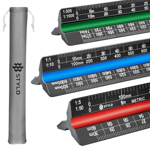 Vista 9 de Stylo Regla de escala de arquitecto de aluminio de 12" con grabado láser, regla triangular de dibujo, ranuras codificadas por color para planos, Gris