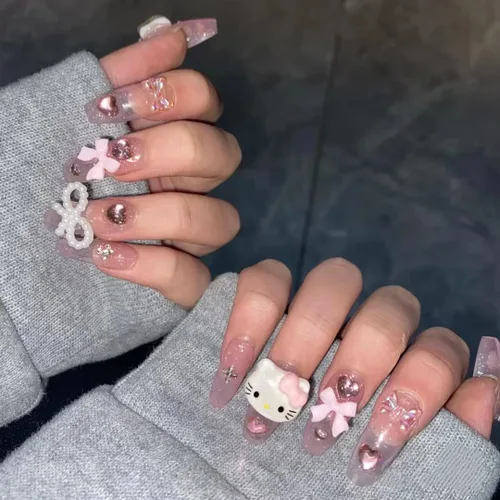 Vista 2 de Kitty, uñas postizas Y2K a presión, uñas postizas largas de color rosa Kawaii con diseño de perlas blancas y gatitos 3D, uñas postizas largas