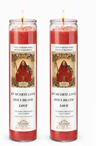 Santa Muerte Amor PAQUETE DE 2Velas - Vela fija con cuarzo, diseño de amor de la muerte santa, Veladora Preparada con Cuarzos (2)