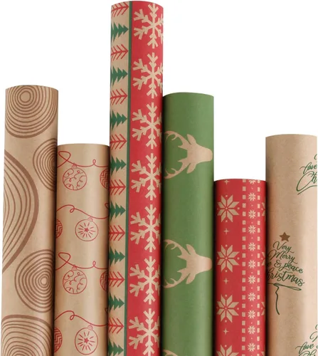 Vista 13 de RUSPEPA - Papel para envolver regalos de Navidad, papel kraft café con impresión de elementos navideños negros - 4 rollos de 30 pulgadas x 10 pies