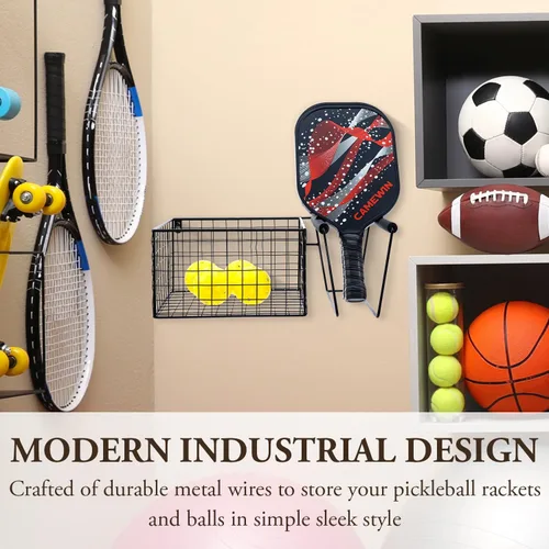 Vista 2 de MyGift 16 Inch Wall Mounted Metal Pickleball Paddle Rack and Storage, Hanging Equipment Organizer with Racket Holder and Basket for Balls