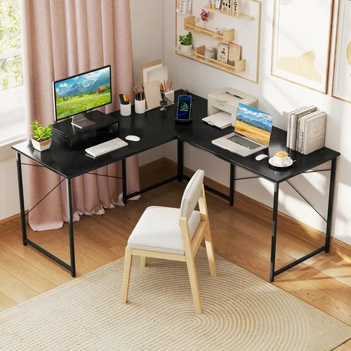 Vista 2 de Tangkula Escritorio para computadora en forma de L con tomas de corriente, escritorio para 2 personas de 95 pulgadas de largo con estante