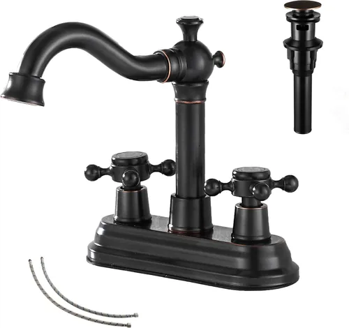 Vista 10 de Grifo de Baño GGStudy de Latón Antiguo de 2 Manijas de 4 Pulgadas Grifo Central de Tocador de Baño con Conjunto de Drenaje y Manguera de Suministro