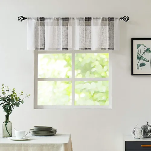 Vista 9 de Central Park Cortina Valance para Ventana de Cocina de Rayas Verticales Transparente Boucle de Lino Beige y Blanco, Paneles Rústicos Decorativos