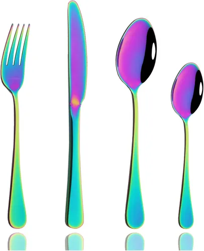 Vista 10 de JASHII Juego de cubiertos de acero inoxidable de 4 piezas, incluye cuchillo, tenedor, cuchara, cuchara de café, pulido con espejo, apto para negro