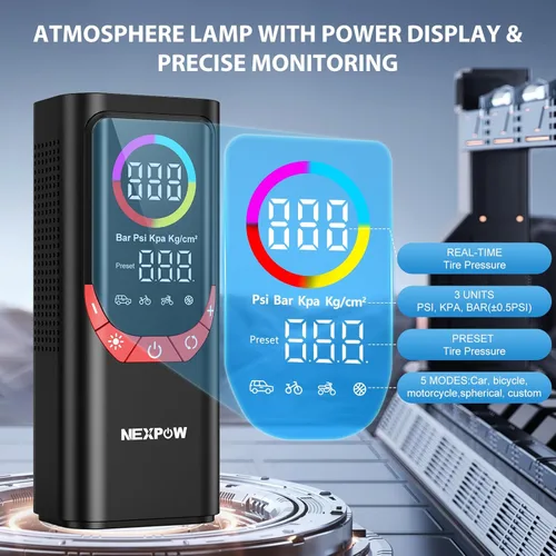 Vista 4 de NEXPOW NP17 Compresor de Aire Portátil, Inflador de Neumáticos Digital de 150 PSI, Inflado Rápido con Apagado Automático, Luz LED, Múltiples Rojo
