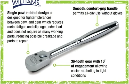 Vista 2 de Williams JHWS-52EHA Trinquete con cabeza de cierre de 1/2 pulgada con acabado cromado, diseño de trinquete de una garra, engranaje de 36 dientes