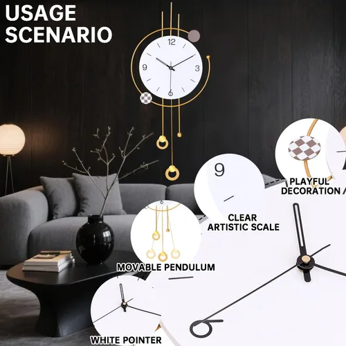 Vista 8 de SIN&MI Reloj de pared grande para decoración de sala de estar, gran arte decorativo de pared, reloj de péndulo, funciona con pilas, sin tictac