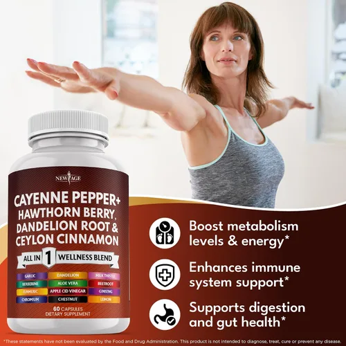 Vista 4 de NEW AGE Suplemento de cápsulas de pimienta de cayena con bayas de espino, raíz de diente de león, canela de Ceilán, ajo, jengibre, ACV, cardo