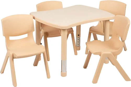 Vista 3 de Set de actividades Flash Furniture de plástico con mesa rectangular ajustable y 4 sillas apilables para la escuela, Acero, Azul
