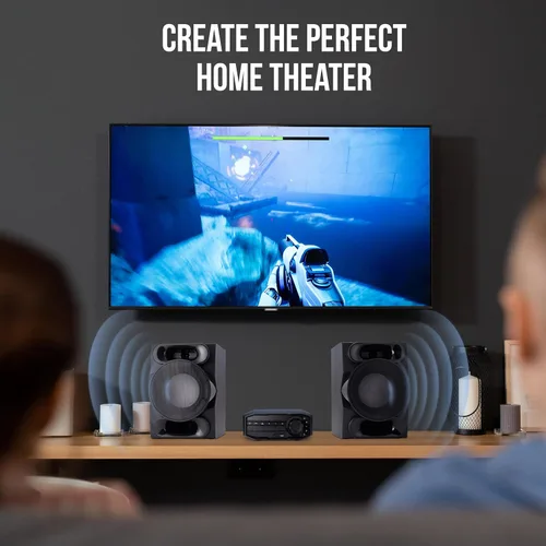 Vista 6 de LyxJam Sistema estéreo Bluetooth para el hogar con reproductor de CD, MP3, USB, entrada de audio, radio FM, altavoz Bass Reflex, 350 vatios, control