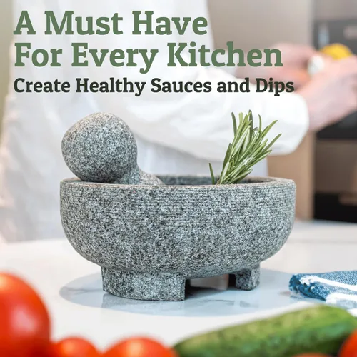 Vista 4 de PriorityChef - Juego de mortero y mano de mortero de granito – Molcajete Mexicano de piedra natural de 6.1 pulgadas para especias, condimentos