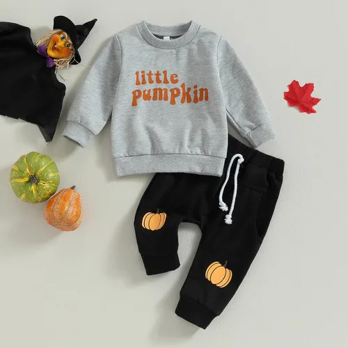 Vista 2 de Conjunto de pantalones de Halloween para niños pequeños, sudadera de manga larga con estampado de letras y pantalones con cordón y estampado