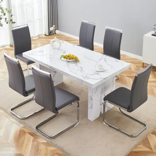 Vista 30 de gopop Mesa de comedor de mármol de 63 pulgadas, tablero de mesa de comedor MDF con patrón de mármol y base para cocina y comedor.