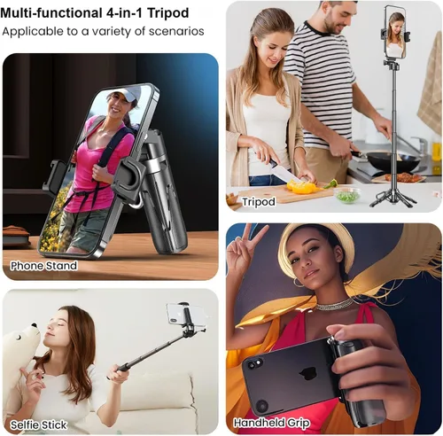 Vista 5 de Palos Selfie para iPhone, trípode multifuncional 4 en 1 para teléfono con control remoto, palo selfie mini de bolsillo, adecuado para fotografía