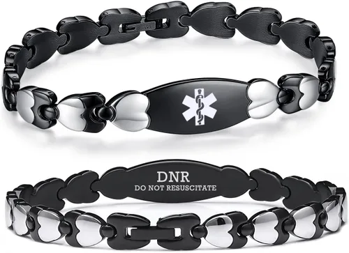 Vista 16 de LinnaLove Pulsera de identificación médica de doble corazón para mujeres 7 1/2 pulgadas de acero inoxidable de moda pulseras de alerta médica