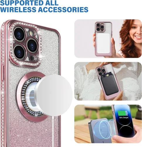 Vista 3 de Losin Funda magnética compatible con iPhone 15 Pro Max con purpurina compatible con MagSafe Funda de lujo con diamantes de imitación con logotipo