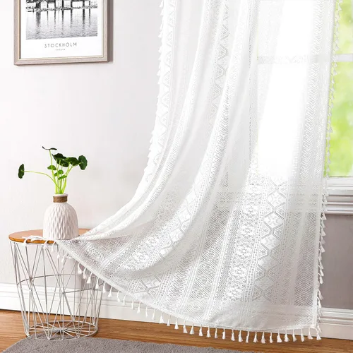 Vista 10 de Cortinas de Encaje Transparente con Borlas de Lino Texturizado Bohemio Negro, Elegantes Cortinas de Ventana con Bolsillo para Varilla de Geometría