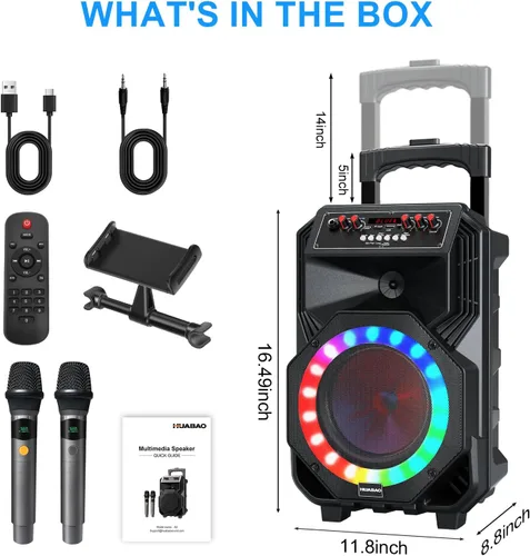 Vista 9 de Máquina de karaoke con 2 micrófonos inalámbricos, ruedas giratorias y carrito – Altavoz Bluetooth portátil de 8800 mAh, sistema PA con luces, graves