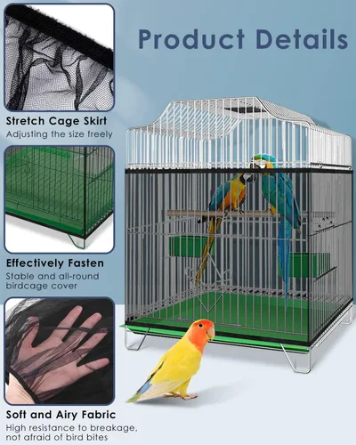 Vista 2 de Bissap Jaula para pájaros, red universal para jaula de pájaros, red de nailon ajustable, banda elástica, faldas de malla para jaula de loro, Negro