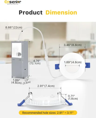 Vista 5 de Ensenior Paquete de 12 Luces LED Empotradas de Techo de 3 Pulgadas, Regulables, 2700K-5000K 5CCT, 500LM 6W 120V, Downlight Tipo Oblea Sin Caja