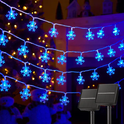 Vista 11 de Brightown Guirnalda de luces solares de copo de nieve de Navidad, paquete de 2 unidades, 100 luces LED de 78 pies para exteriores, impermeables