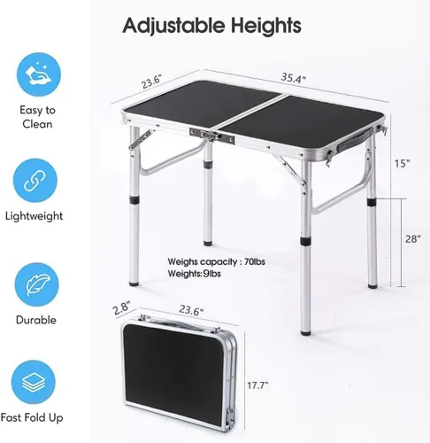 Vista 3 de Mesa de campamento plegable, mesa de aluminio de campamento de 36 pulgadas de largo x 24 pulgadas de ancho con patas de altura ajustable, mesa
