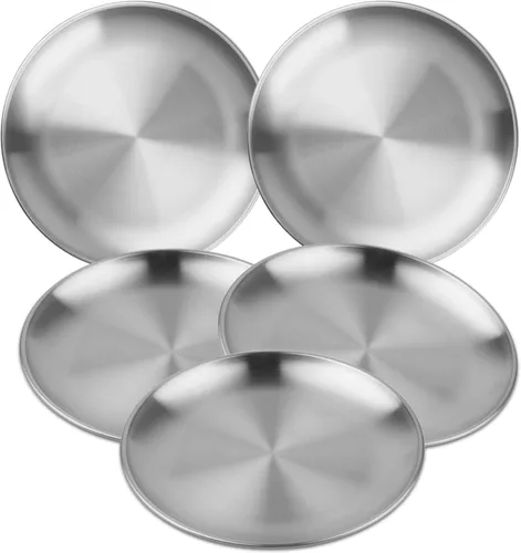 MOUYAT Juego de 5 platos de acero inoxidable, platos redondos de metal de 13 pulgadas, platos redondos de ensalada resistentes, platos de cena de