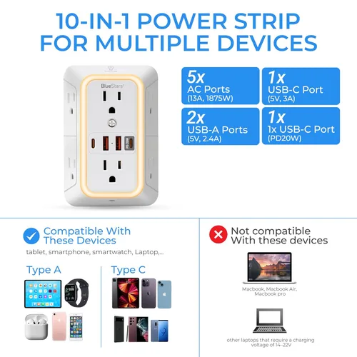 Vista 3 de Extensor de salida protector de sobretensiones, 6 salidas y 4 puertos USB con carga rápida tipo C PD 20W, luz nocturna, tira de alimentación de 3