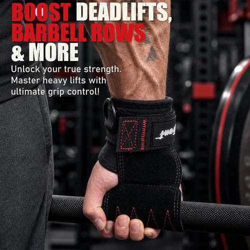 Vista 2 de Weight Lifting Grips with D-Ring, Leather Palm and Wrist Support