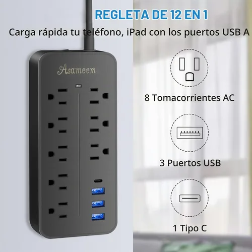 Vista 7 de Regleta de alimentación con protector de sobretensiones de 10 pies, Asamoom, tira de alimentación de enchufe plano con cable largo ETL listado, 8