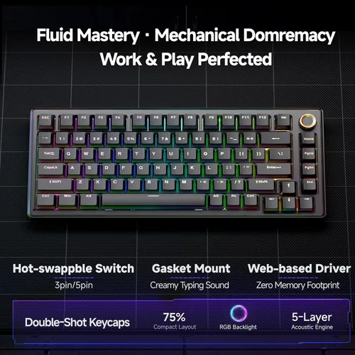 Vista 2 de TMKB T81E Mechanical Gaming Keyboard, 75% Gasket Mount Wired Keyboard with Knob & 5-Layer Sound Dampening, Hot-Swappable, RGB Backlit, 82 Keys for