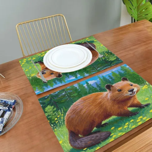 Vista 5 de Custom Cute Animal Beavor Grassland Plastic placemats for Dining Table Plastic Reversible Quilted placemat Set of 6 12 x 18 manteles para comedor