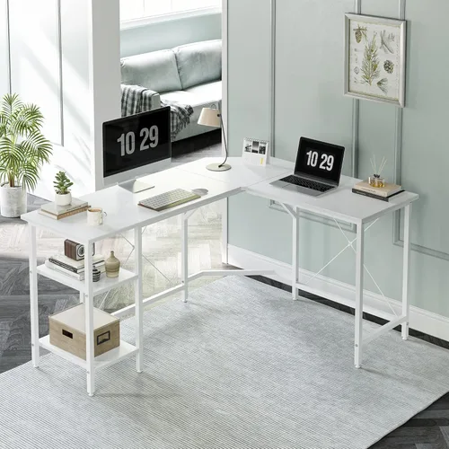 Vista 55 de CubiCubi Escritorio en forma de L de 59 pulgadas con puertos de carga USB y luces LED, escritorio de esquina para computadora con cajón y estante