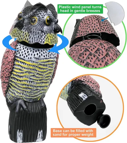 Vista 2 de Señuelos de búho para asustar a los pájaros espantapájaros falso búho cabeza giratoria de 12 pulgadas, 2