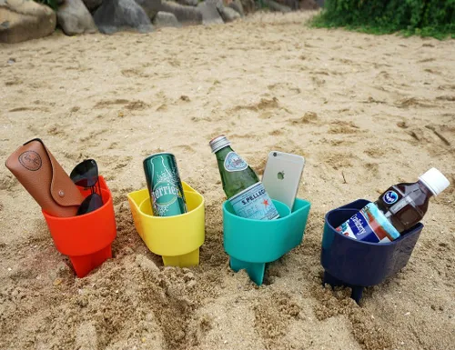 Vista 11 de Home Queen Portavasos de playa con bolsillo, soporte multifuncional para bebidas y lentes de sol, accesorio de playa, posavasos de arena, juego de 4
