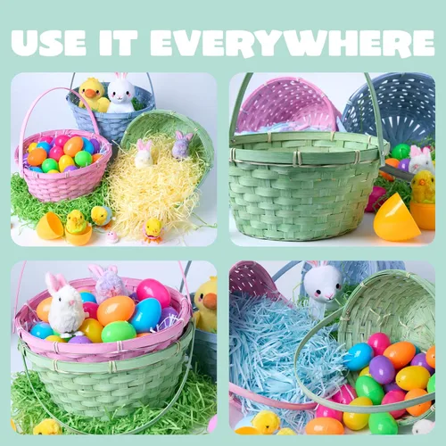 Vista 4 de JOYIN 3 cestas de bambú de Pascua, cesta redonda tejida con asa, cesta de regalo vacía para juguetes de dulces para caza de huevos de Pascua