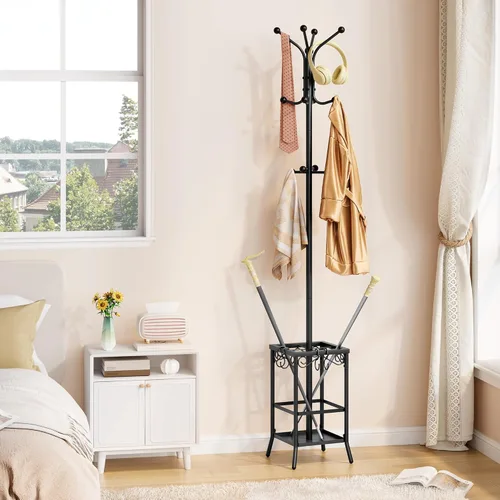 Vista 7 de Hoctieon Perchero independiente, Perchero con soporte para paraguas, perchero de metal con 12 ganchos, soporte para colgar abrigos de pie, soporte