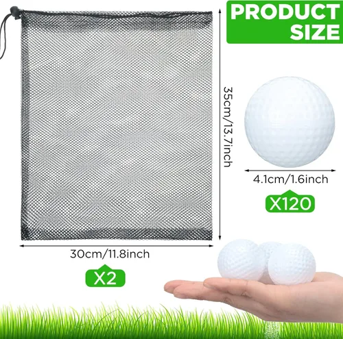 Vista 2 de 120 pelotas de golf de plástico para práctica, pelotas de golf huecas a granel con 2 bolsas de malla con cordón de almacenamiento para entrenamiento