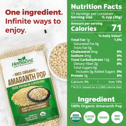 Vista 2 de HerbaZest Pop de amaranto orgánico – 8 onzas – Grano antiguo nutritivo – Superalimento listo para comer – Certificado USDA, sin gluten, vegano y sin