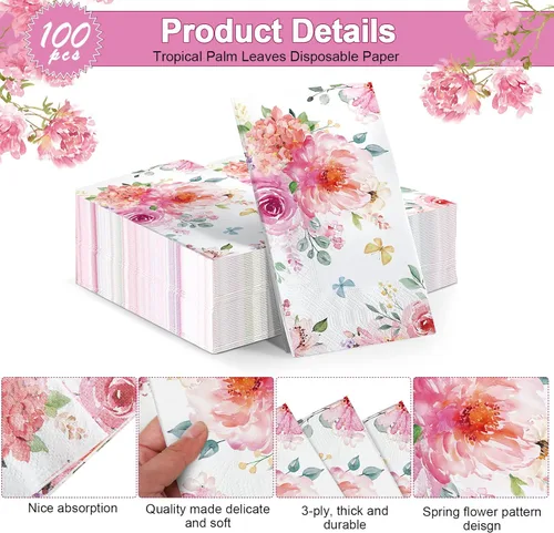 Vista 3 de Tatuo 100 servilletas florales de 3 capas de acuarela para cena, servilletas de papel desechables decorativas para bodas, cumpleaños, baby shower
