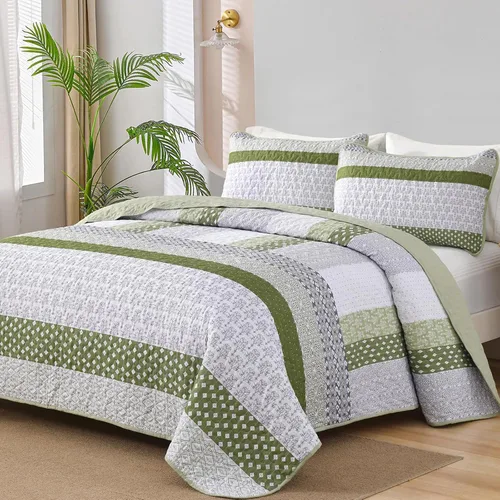 Vista 10 de WONGS BEDDING Juego de edredón Boho tamaño Queen, juegos de colcha a rayas bohemio de 3 piezas, juego de ropa de cama acolchada en verde caqui