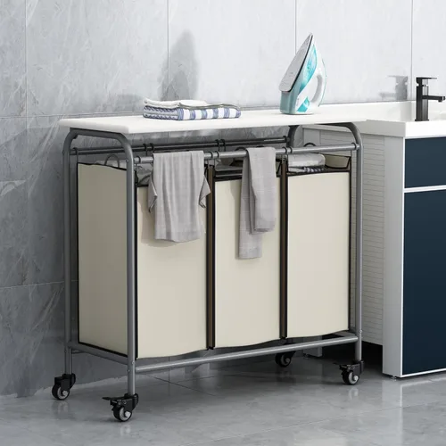 Vista 4 de LINZINAR - Carrito clasificador de ropa sucia de 3 bolsas, cesta de lavandería resistente con ruedas y cerradura, con tabla de planchar y bolsas
