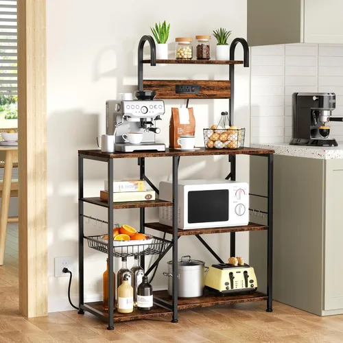 Vista 15 de JAMFLY Estante para panaderos con toma de corriente, soporte para microondas, estante de almacenamiento de cocina con 6 ganchos, estación de barra