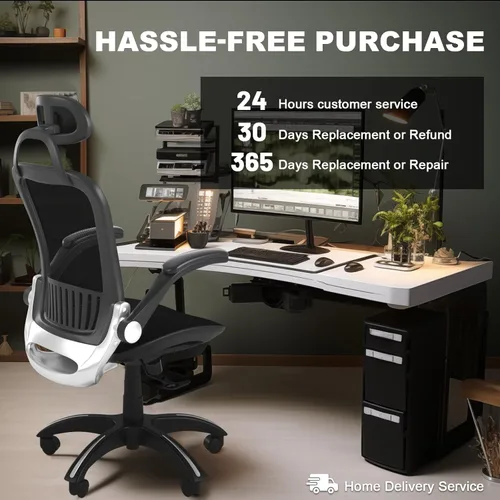 Vista 7 de Silla de oficina, silla ergonómica de escritorio con respaldo alto con brazos abatibles, soporte lumbar y reposacabezas ajustable, silla giratoria