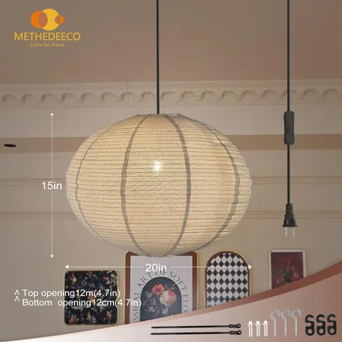 Vista 2 de METHEDEECO Lámpara Colgante de Lino Japonés con Cable con Enchufe E26 20 PULGADAS Lámpara Linterna de Lino Wabi-Sabi Hecha a Mano Luminaria de Techo