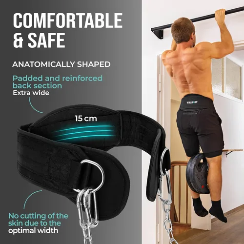 Vista 2 de PULLUP & DIP Cinturón de levantamiento de pesas para fortaleza adicional y construcción muscular, cinturón de peso con cadena de acero y 3